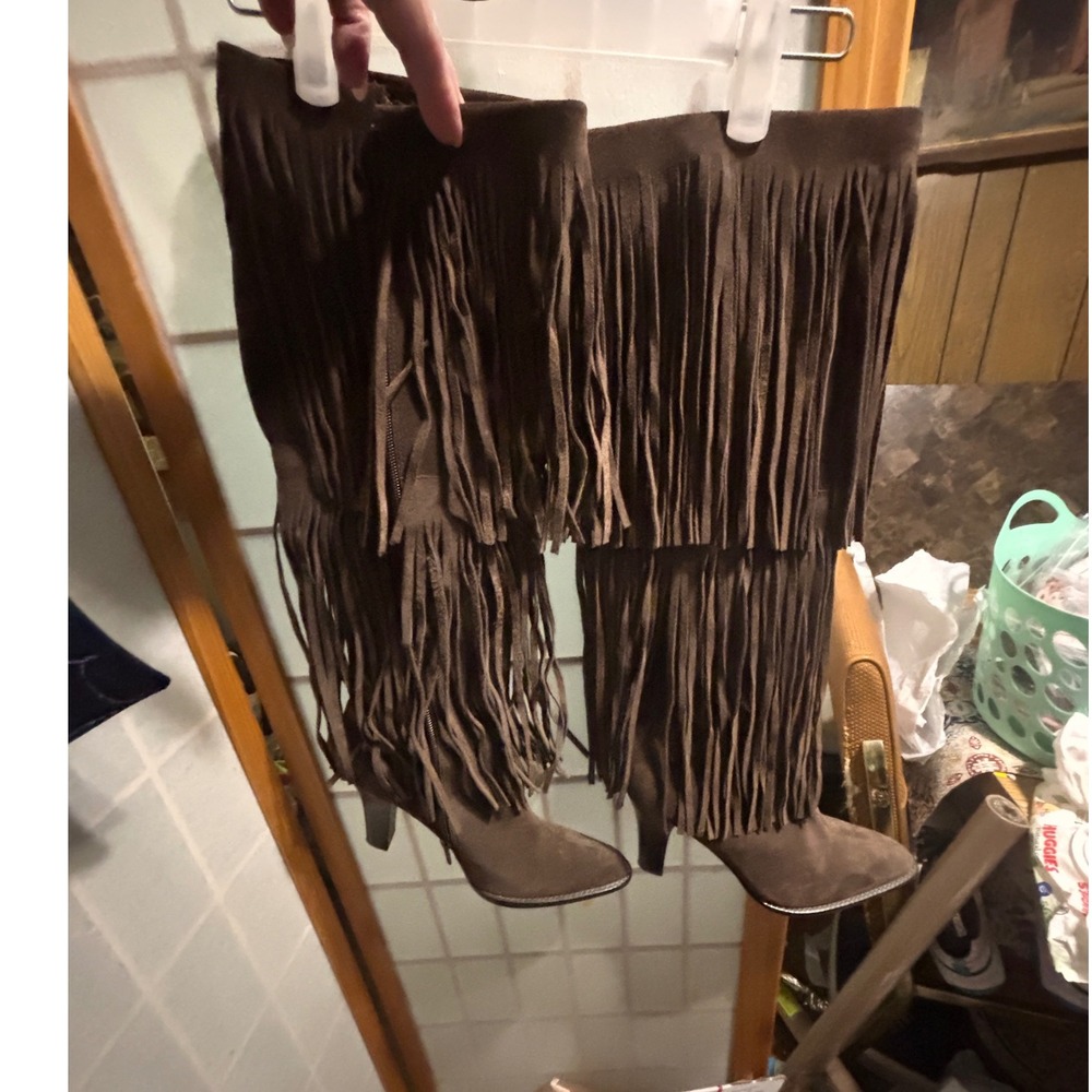 Bijou Shoes Brown Leather Fringe Knee High Boots Size 7M 35-1737-2 Stacked Heel